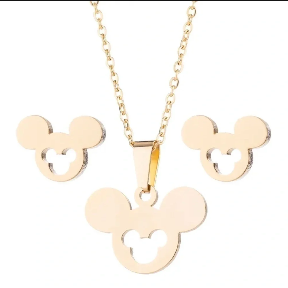 18K Gold Plated Disney Mickey Mouse Head With Cutout Necklace & Earrings Set
